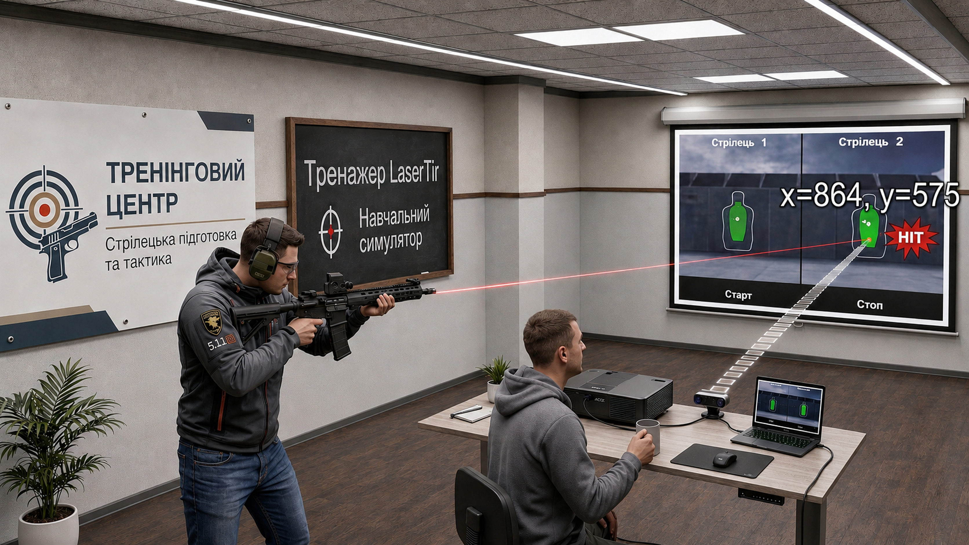 The image shows a training center with a LaserTir laser simulator. The shooter of practical shooting holds a carbine in his hand and aims at a screen with targets. A laser beam is directed from the carbine into the screen. The operator sits at a table with a laptop, a projector and a camera.