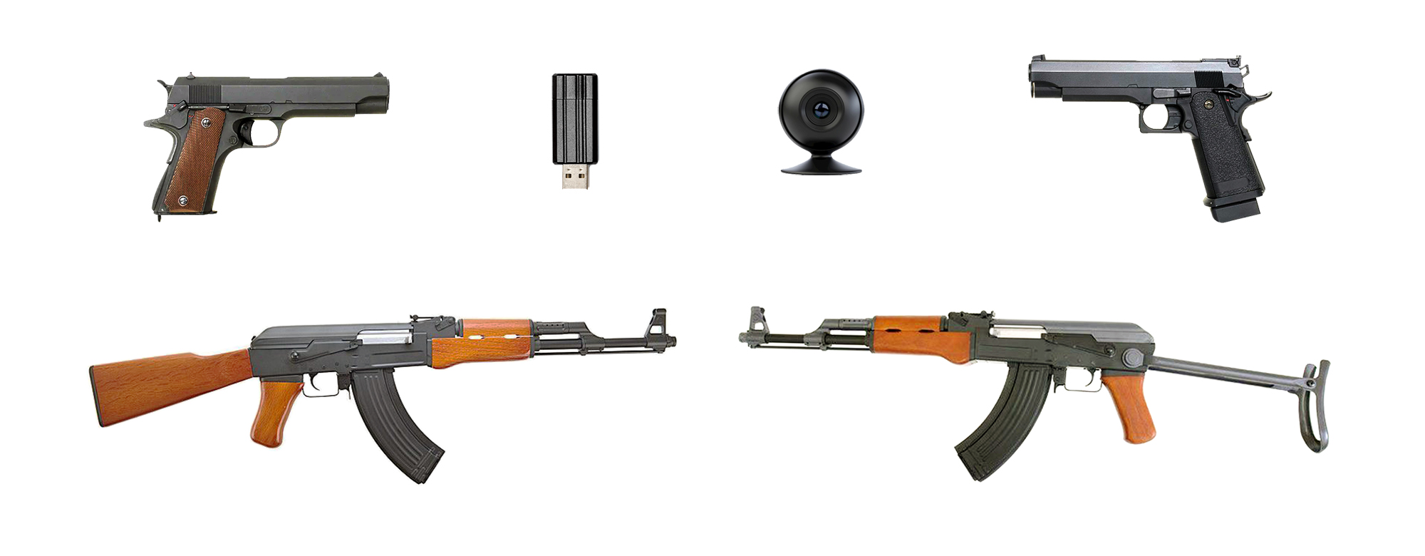 Состав комплекта Интерактивный лазерный тир. Бизнес-4: игровое оружие (2 пистолета, 2 автомата), камера, флешка с программным обеспечением