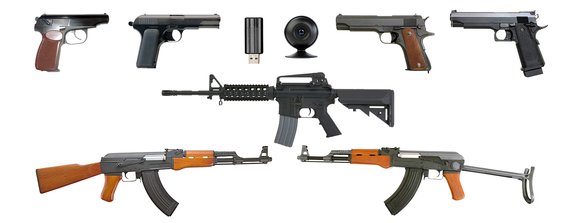 Состав комплекта Интерактивный лазерный тир. Бизнес-7: игровое оружие (4 пистолета, 3 автомата), камера, флешка с программным обеспечением